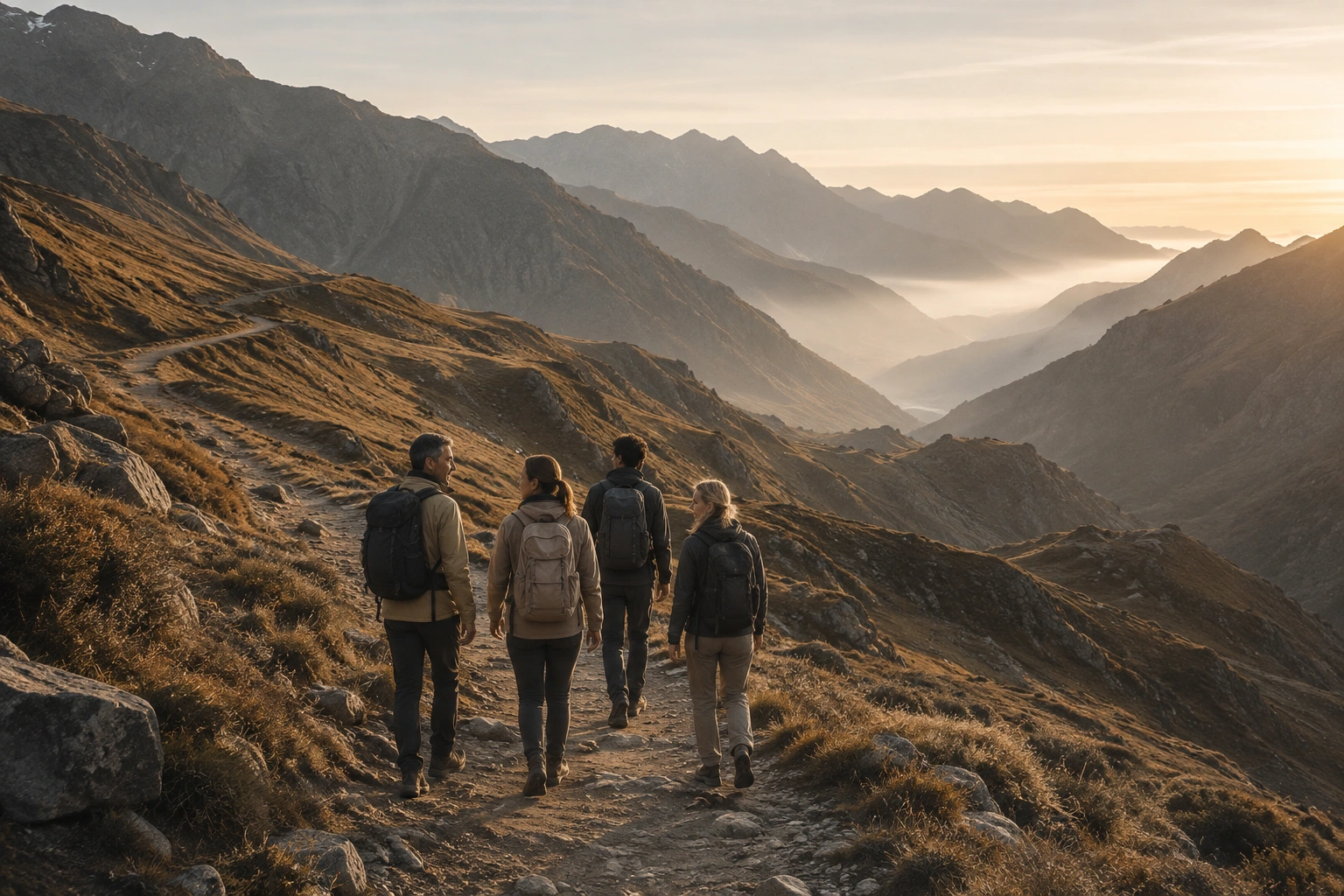 Menschen brechen gemeinsam auf einen Bergweg im Morgenlicht auf