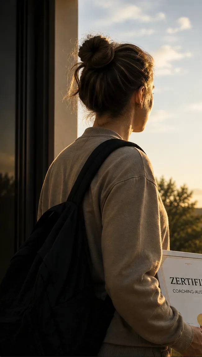 Eine Coachin blickt mit ihrem Ausbildungszertifikat in eine sonnige Landschaft