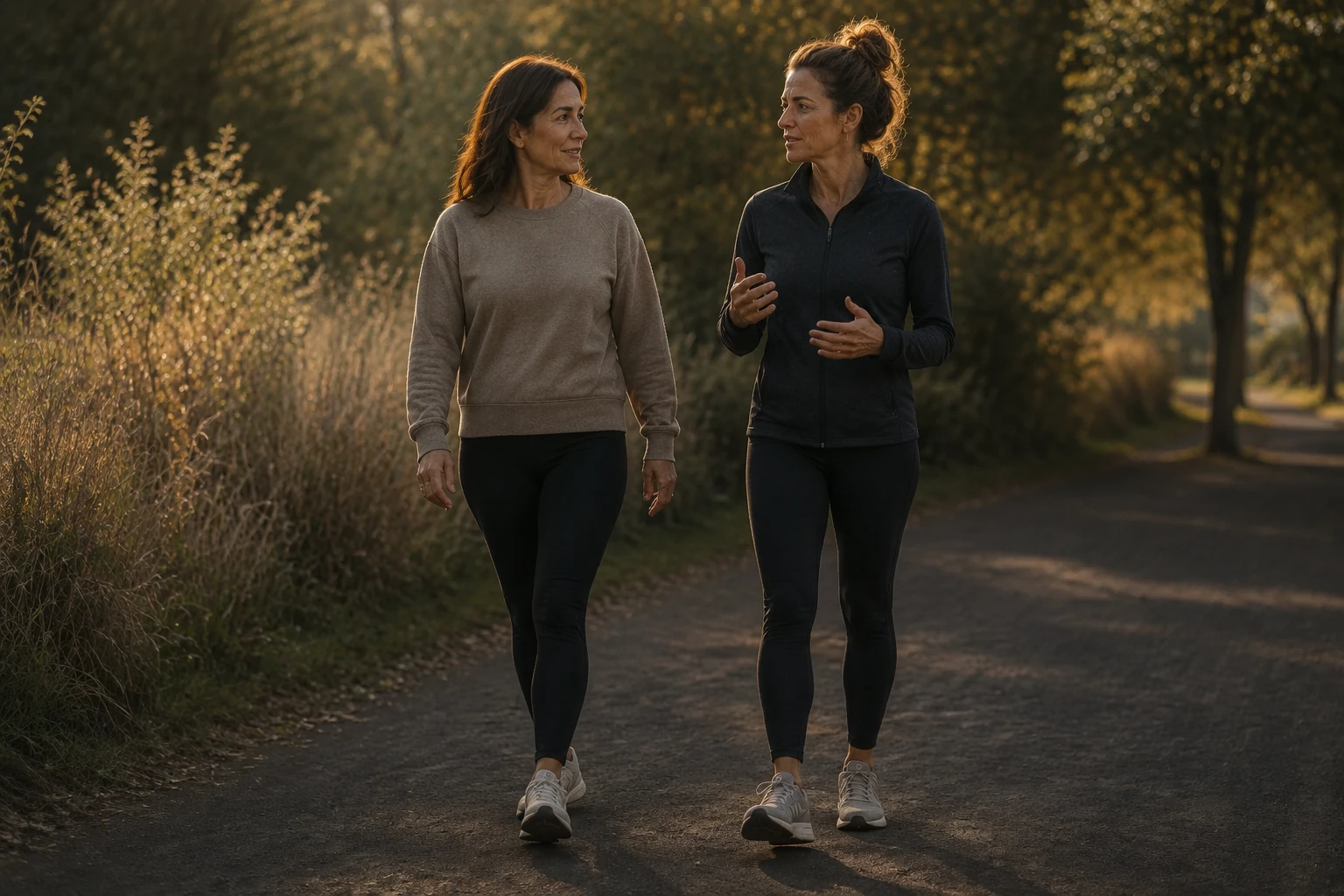 Eine Fitness-Coachin und eine Frau im Gespräch bei einem Spaziergang im sonnigen Park.