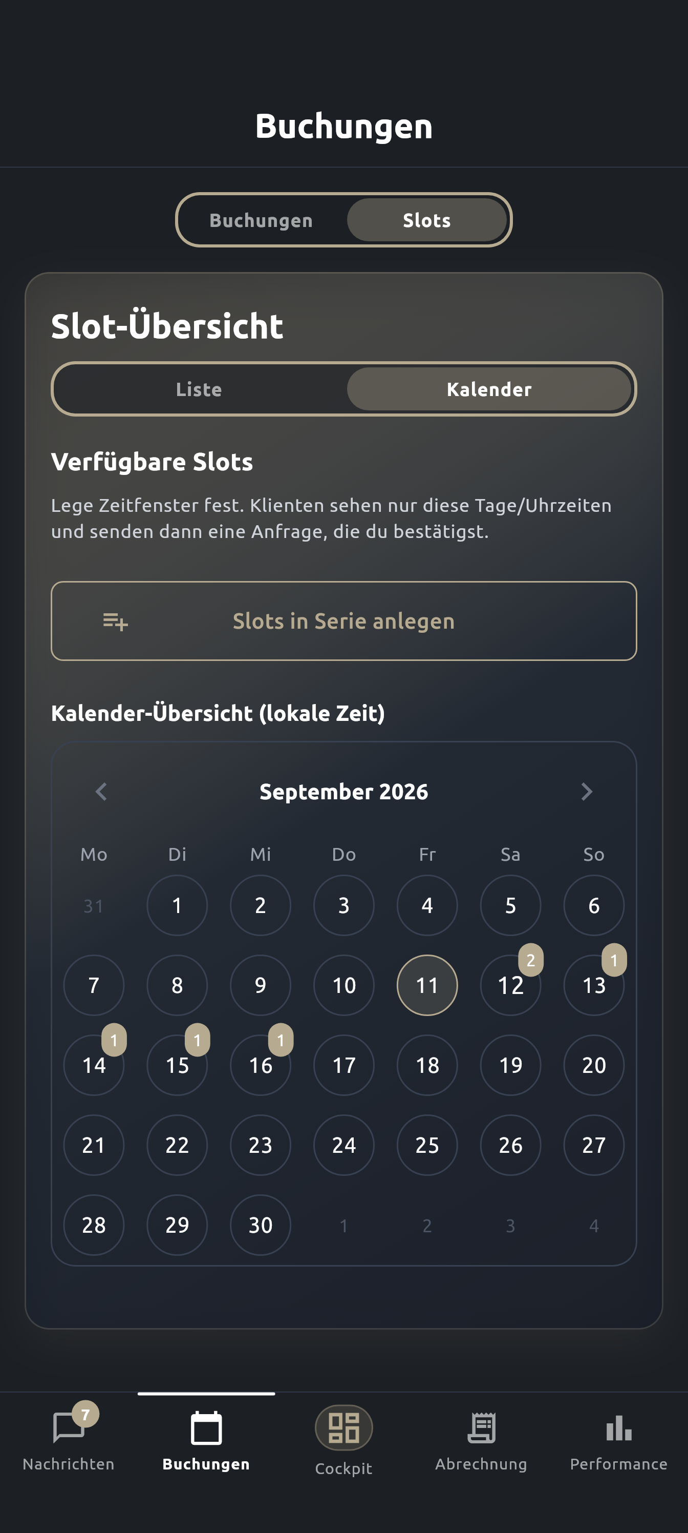 Original KREST app: availability calendar with marked dates and coaching slot counts