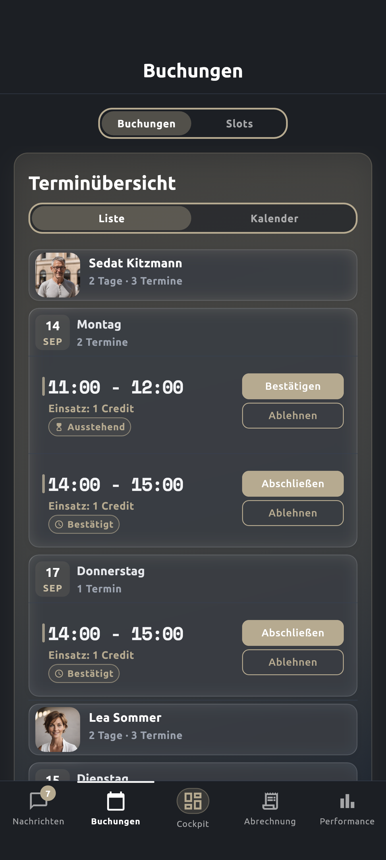 Original KREST app: booking list with coaching requests and confirmed appointments organised by client