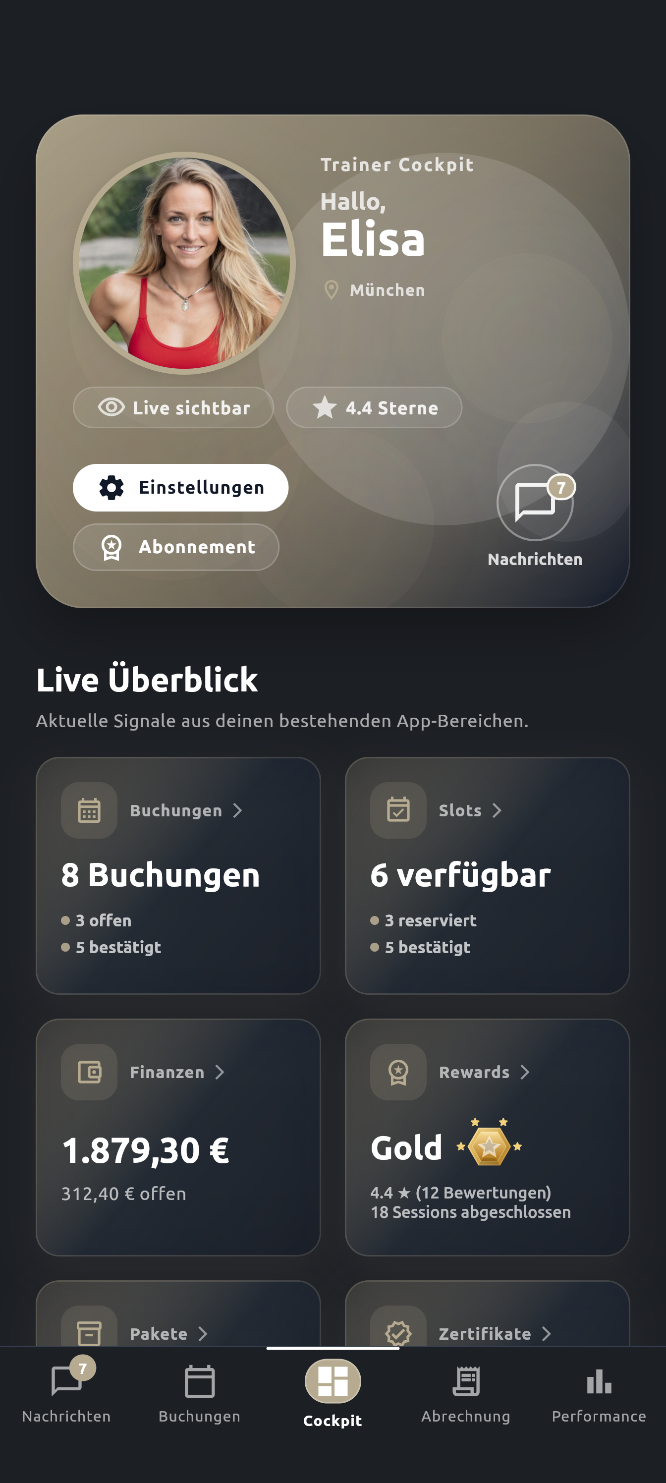 Aktuelles KREST Trainer-Cockpit mit Profil, Buchungen, Verfügbarkeit und Finanzen